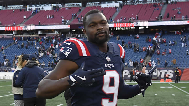 Oct 26, 2025; Foxborough, Massachusetts, USA;  New England Patriots wide receiver Kayshon Boutte (9) reacts to the win against the Cleveland Browns at Gillette Stadium. Mandatory Credit: Bob DeChiara-Imagn Images