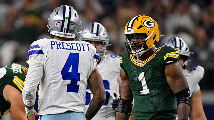 Green Bay Packers defensive end Micah Parsons stares at Dallas Cowboys quarterback Dak Prescott at AT&T Stadium. Green Bay Packers defensive end Micah Parsons stares at Dallas Cowboys quarterback Dak Prescott at AT&T Stadium.