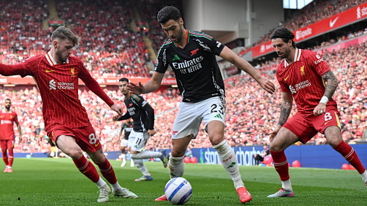 Mikel Merino (middle) equalized, but was sent off for Arsenal in the second half.