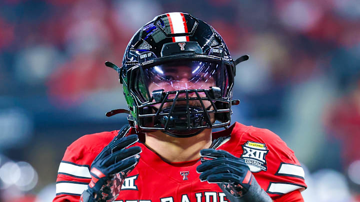 Dec 6, 2025; Arlington, TX, USA;  Texas Tech Red Raiders linebacker Jacob Rodriguez (10) warms up before the game against the BYU Cougars at AT&T Stadium. Mandatory Credit: Kevin Jairaj-Imagn Images