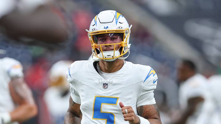 Aug 13, 2026; Houston, Texas, USA;  Los Angeles Chargers quarterback Trey Lance (5) before the game against the Houston Texans at Reliant Stadium. Mandatory Credit: Troy Taormina-Imagn Images