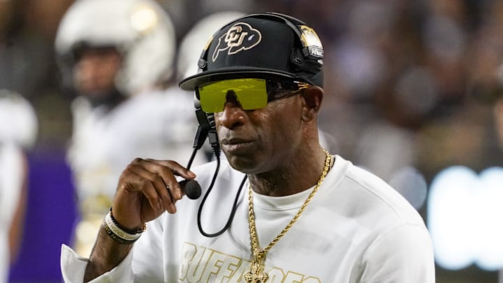 Oct 4, 2025; Fort Worth, Texas, USA; Colorado Buffaloes head coach Deion Sanders on the sidelines during the first half against the TCU Horned Frogs at Amon G. Carter Stadium.