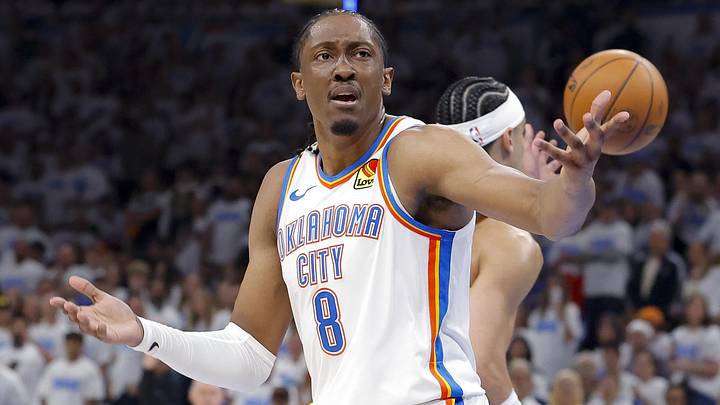 Jun 5, 2025; Oklahoma City, Oklahoma, USA; Oklahoma City Thunder forward Jalen Williams (8) reacts to a call during the third quarter against the Indiana Pacers during game one of the 2025 NBA Finals at Paycom Center. Mandatory Credit: Alonzo Adams-Imagn Images Jun 5, 2025; Oklahoma City, Oklahoma, USA; Oklahoma City Thunder forward Jalen Williams (8) reacts to a call during the third quarter against the Indiana Pacers during game one of the 2025 NBA Finals at Paycom Center. Mandatory Credit: Alonzo Adams-Imagn Images