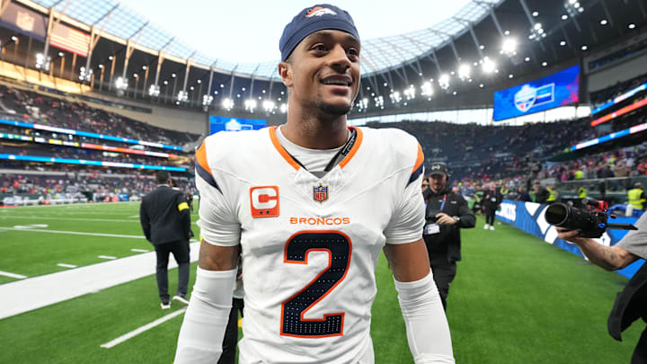 Oct 12, 2025; Tottenham, United Kingdom; Denver Broncos cornerback Pat Surtain II (2) leaves the field after an NFL International Series game against the New York Jets at Tottenham Hotspur Stadium. Oct 12, 2025; Tottenham, United Kingdom; Denver Broncos cornerback Pat Surtain II (2) leaves the field after an NFL International Series game against the New York Jets at Tottenham Hotspur Stadium.