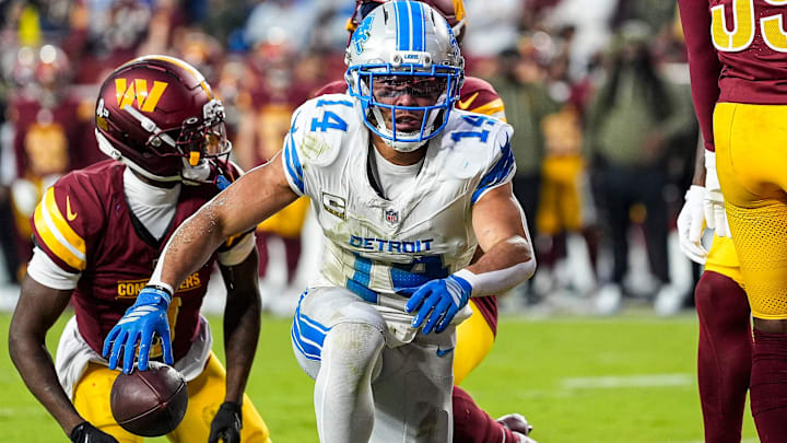 Detroit Lions wide receiver Amon-Ra St. Brown (14) celebrates a touchdown against the Washington Commanders during the first half at Northwest Stadium in Landover, Md., on Sunday, November 9, 2025.