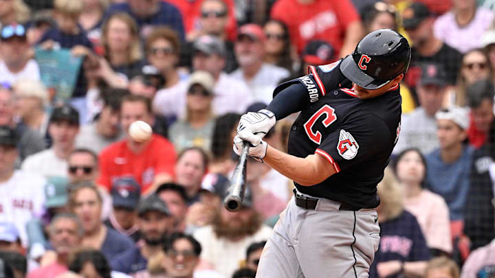 Sep 1, 2025; Boston, Massachusetts, USA; Cleveland Guardians first baseman Kyle Manzardo (9) hits a one run home run against the Boston Red Sox during the eighth inning at Fenway Park. Mandatory Credit: Eric Canha-Imagn Images