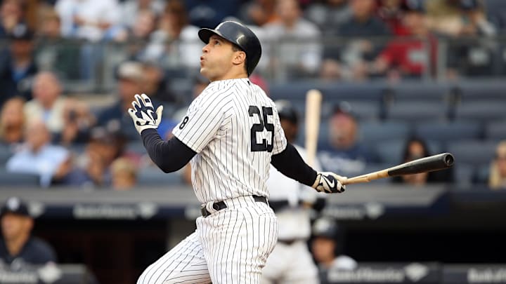 Oct 2, 2016; Bronx, NY, USA; New York Yankees first baseman Mark Teixeira (25) takes a swing in the final at-bat of his Major League career at Yankee Stadium against the Baltimore Orioles. Mandatory Credit: Danny Wild-Imagn Images