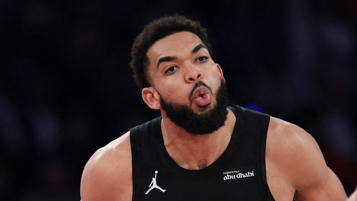 May 21, 2026; New York, New York, USA; New York Knicks center Karl-Anthony Towns (32) reacts as Cleveland Cavaliers guard Max Strus (2) runs up the court during the second quarter of game two of the eastern conference finals of the 2026 NBA playoffs at Madison Square Garden. Mandatory Credit: Vincent Carchietta-Imagn Images May 21, 2026; New York, New York, USA; New York Knicks center Karl-Anthony Towns (32) reacts as Cleveland Cavaliers guard Max Strus (2) runs up the court during the second quarter of game two of the eastern conference finals of the 2026 NBA playoffs at Madison Square Garden. Mandatory Credit: Vincent Carchietta-Imagn Images