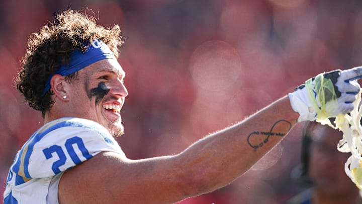 Oct 19, 2024; Piscataway, New Jersey, USA; UCLA Bruins linebacker Kain Medrano (20) celebrates during the second half against the Rutgers Scarlet Knights at SHI Stadium. Mandatory Credit: Vincent Carchietta-Imagn Images