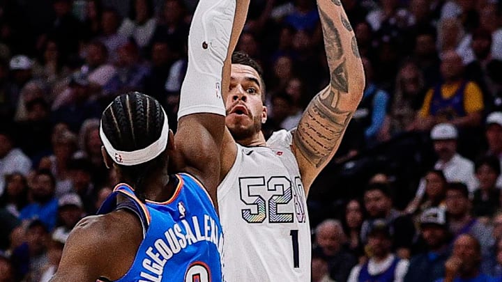 May 15, 2025; Denver, Colorado, USA; Denver Nuggets forward Michael Porter Jr. (1) attempts a shot as Oklahoma City Thunder guard Shai Gilgeous-Alexander (2) defends in the third quarter during game six of the second round for the 2025 NBA Playoffs at Ball Arena. Mandatory Credit: Isaiah J. Downing-Imagn Images May 15, 2025; Denver, Colorado, USA; Denver Nuggets forward Michael Porter Jr. (1) attempts a shot as Oklahoma City Thunder guard Shai Gilgeous-Alexander (2) defends in the third quarter during game six of the second round for the 2025 NBA Playoffs at Ball Arena. Mandatory Credit: Isaiah J. Downing-Imagn Images