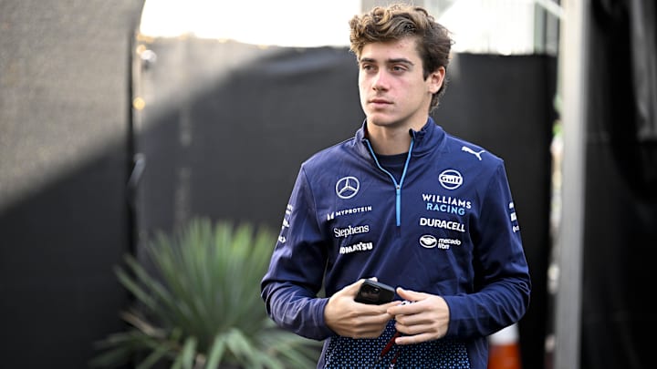 Oct 18, 2024; Austin, Texas, USA; Williams Racing driver Franco Colapinto (43) of Team Argentina  walks through the track entrance before practice for the 2024 US Grand Prix at Circuit of the Americas. Mandatory Credit: Jerome Miron-Imagn Images