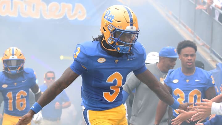 Sep 6, 2025; Pittsburgh, Pennsylvania, USA;  Pittsburgh Panthers wide receiver Cataurus Hicks (3) greets fans as he takes the field against the Central Michigan Chippewas at Acrisure Stadium. Mandatory Credit: Charles LeClaire-Imagn Images