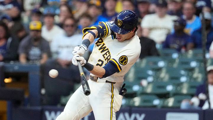 Jun 1, 2026; Milwaukee, Wisconsin, USA; Milwaukee Brewers designated hitter Christian Yelich (22) gets a base hit against the San Francisco Giants in the fourth inning at American Family Field. Mandatory Credit: Michael McLoone-Imagn Images Jun 1, 2026; Milwaukee, Wisconsin, USA; Milwaukee Brewers designated hitter Christian Yelich (22) gets a base hit against the San Francisco Giants in the fourth inning at American Family Field. Mandatory Credit: Michael McLoone-Imagn Images