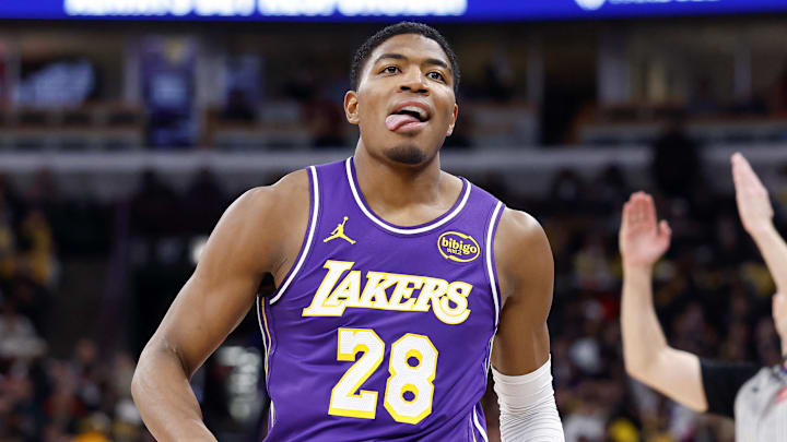 Jan 26, 2026; Chicago, Illinois, USA; Los Angeles Lakers forward Rui Hachimura (28) reacts after scoring against the Chicago Bulls during the second half at United Center. Mandatory Credit: Kamil Krzaczynski-Imagn Images
