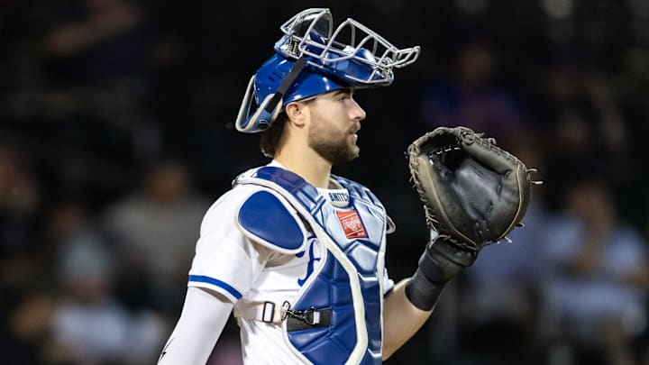 Nov 9, 2025; Mesa, AZ, USA; Kansas City Royals catcher Blake Mitchell (8) during the Arizona Fall League Fall Stars Game at Sloan Park. Mandatory Credit: Mark J. Rebilas-Imagn Images Nov 9, 2025; Mesa, AZ, USA; Kansas City Royals catcher Blake Mitchell (8) during the Arizona Fall League Fall Stars Game at Sloan Park. Mandatory Credit: Mark J. Rebilas-Imagn Images
