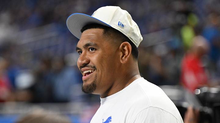 Aug 22, 2026; Detroit, Michigan, USA;  Detroit Lions offensive tackle Penei Sewell (58) looks on during warmups before their preseason game against the Washington Commanders at Ford Field.  Mandatory Credit: Lon Horwedel-Imagn Images