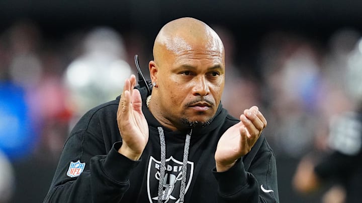 Sep 29, 2024; Paradise, Nevada, USA; Las Vegas Raiders head coach Antonio Pierce applauds the effort of his team against the Cleveland Browns during the third quarter at Allegiant Stadium. Mandatory Credit: Stephen R. Sylvanie-Imagn Images