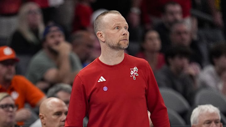 Mar 13, 2025; Charlotte, NC, USA; Louisville Cardinals head coach Pat Kelsey during the second half against the Stanford Cardinal at Spectrum Center. Mandatory Credit: Jim Dedmon-Imagn Images
