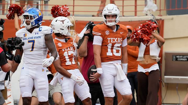 Texas Longhorns quarterback Arch Manning reacts after running for a touchdown during the second half against the San Jose State Spartans at Darrell K Royal-Texas Memorial Stadium. Texas Longhorns quarterback Arch Manning reacts after running for a touchdown during the second half against the San Jose State Spartans at Darrell K Royal-Texas Memorial Stadium.