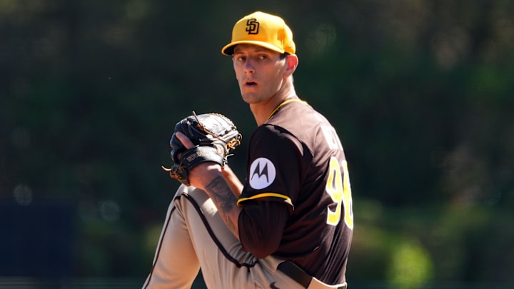 Feb 23, 2025; Phoenix, Arizona, USA; San Diego Padres pitcher Braden Nett (96) pitches against the Los Angeles Dodgers during the first inning at Camelback Ranch-Glendale. Mandatory Credit: Joe Camporeale-Imagn Images