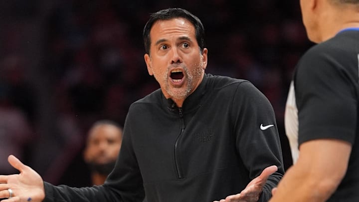 Miami Heat Head Coach Erik Spoelstra objects to a call (Mandatory Credit: Jim Dedmon-Imagn Images)