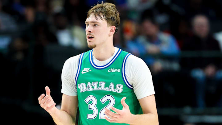 Mar 18, 2026; Dallas, Texas, USA; Dallas Mavericks forward Cooper Flagg (32) reacts against the Atlanta Hawks during the second half at American Airlines Center. Mandatory Credit: Kevin Jairaj-Imagn Images