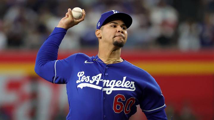 Aug 9, 2026; Phoenix, Arizona, USA; Los Angeles Dodgers pitcher Edgardo Henriquez against the Arizona Diamondbacks at Chase Field. Mandatory Credit: Mark J. Rebilas-Imagn Images