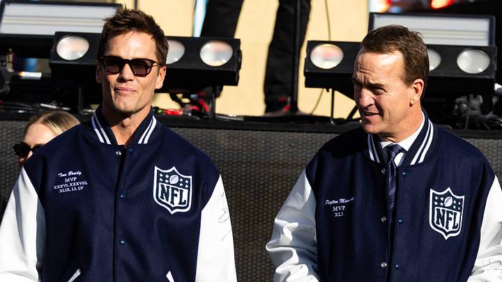 Feb 8, 2026; Santa Clara, CA, USA; Tom Brady (left) and Peyton Manning Mandatory Credit: Mark J. Rebilas-Imagn Images