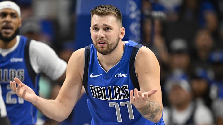 Oct 28, 2024; Dallas, Texas, USA; Dallas Mavericks guard Luka Doncic (77) reacts to a foul call during the game between the Dallas Mavericks and the Utah Jazz at the American Airlines Center. Mandatory Credit: Jerome Miron-Imagn Images