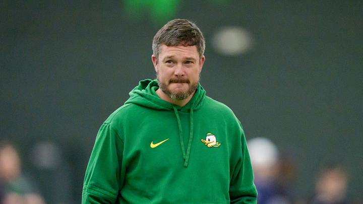 Oregon head coach Dan Lanning attends Oregon Pro Day on March 17, 2026, at the Moshofsky Center in Eugene, Oregon.