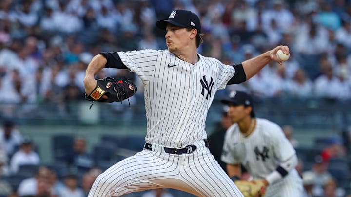 May 2, 2025; Bronx, New York, USA; New York Yankees starting pitcher Max Fried (54) delivers a pitch during the first inning against the Tampa Bay Rays during the first inning at Yankee Stadium. 