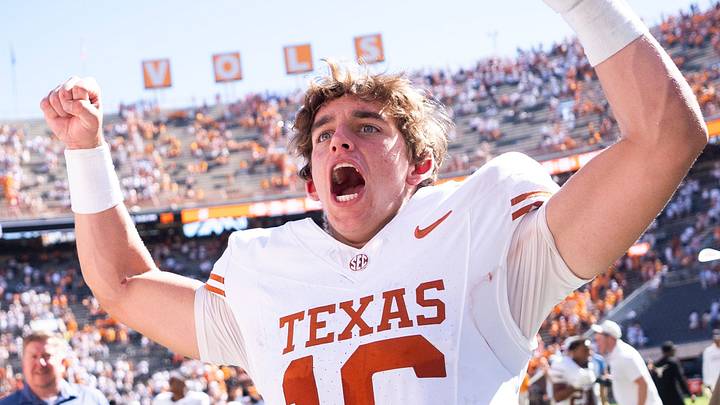 Texas quarterback Arch Manning celebrates after a college football game between Tennessee and Texas at Neyland Stadium. Texas quarterback Arch Manning celebrates after a college football game between Tennessee and Texas at Neyland Stadium.