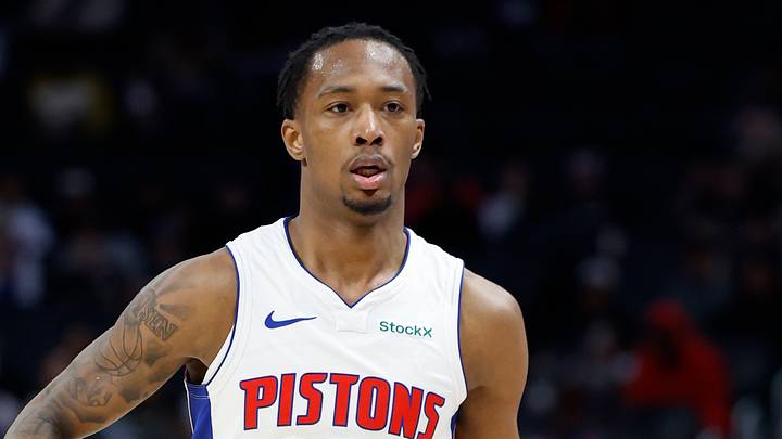 Oct 6, 2024; Detroit, Michigan, USA;  Detroit Pistons forward Ron Holland II (00) dribbles in the first half against the Milwaukee Bucks at Little Caesars Arena. Mandatory Credit: Rick Osentoski-Imagn Images