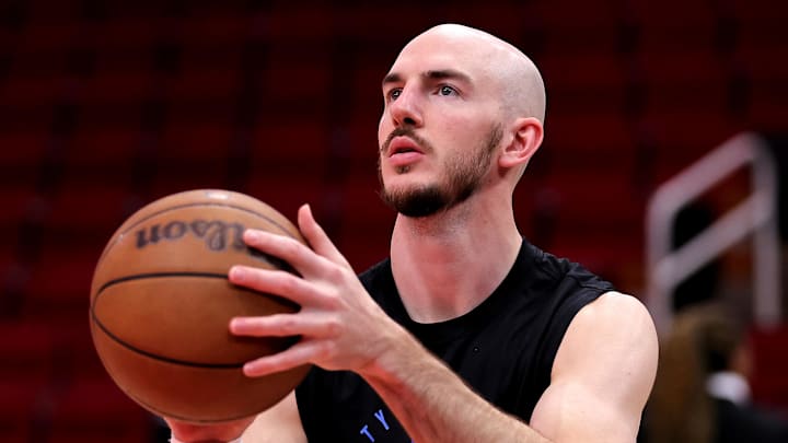 23Apr 4, 2025; Houston, Texas, USA; Oklahoma City Thunder guard Alex Caruso (9) warms up prior to the game against the Houston Rockets at Toyota Center. Mandatory Credit: Erik Williams-Imagn Images