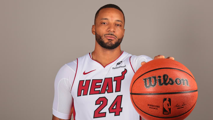 Sep 29, 2025; Miami, FL, USA; Miami Heat guard Norman Powell (24) poses for a photo during media day at Kaseya Center. Mandatory Credit: Sam Navarro-Imagn Images