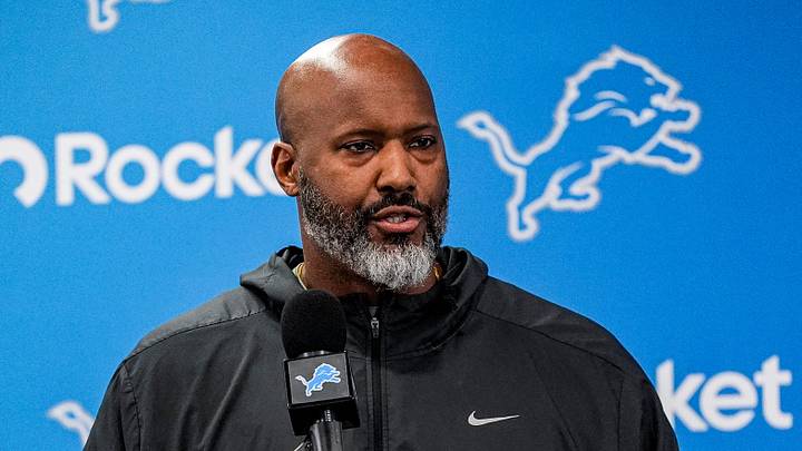 Detroit Lions executive vice president and general manager Brad Holmes speaks during media availability Detroit Lions executive vice president and general manager Brad Holmes speaks during media availability