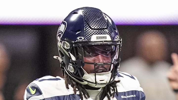 Seattle Seahawks cornerback Riq Woolen on the field against the Atlanta Falcons.
