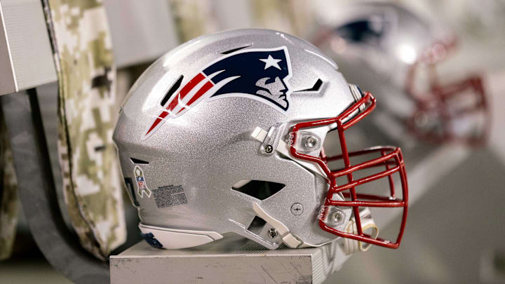 Nov 12, 2017; Denver, CO, USA; A general view of a New England Patriots helmet on the bench before the game against the Denver Broncos at Sports Authority Field at Mile High. Mandatory Credit: Isaiah J. Downing-Imagn Images