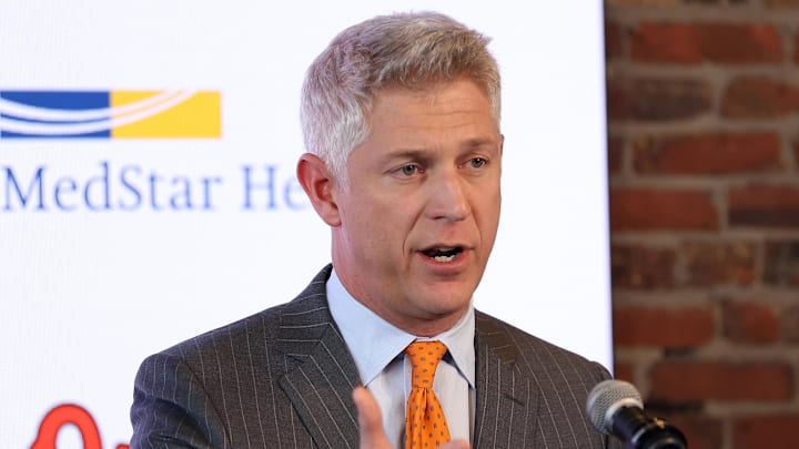 Nov 4, 2025; Baltimore, MD, USA; President of Baseball Operations Mike Elias introduces Craig Albernaz as the Baltimore Orioles new Manager at Warehouse Bar. Mandatory Credit: Daniel Kucin Jr.-Imagn Images