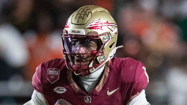 Florida State Seminoles quarterback Tommy Castellanos (1) looks down the field for an open teammate. The Miami Hurricanes defeated the Florida State Seminoles 22-28 at Doak Campbell Stadium on Saturday, Oct. 4, 2025.