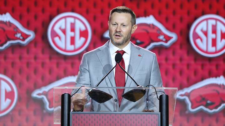 Jul 23, 2026; Tampa, FL, USA; Arkansas Razorbacks head coach Ryan Silverfield speaks to the press during SEC Football Kickoff Media Day at the Tampa Marriott. Mandatory Credit: Nathan Ray Seebeck-Imagn Images Jul 23, 2026; Tampa, FL, USA; Arkansas Razorbacks head coach Ryan Silverfield speaks to the press during SEC Football Kickoff Media Day at the Tampa Marriott. Mandatory Credit: Nathan Ray Seebeck-Imagn Images