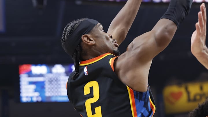 May 7, 2025; Oklahoma City, Oklahoma, USA; Oklahoma City Thunder guard Shai Gilgeous-Alexander (2) shoots and scores a basket against the Denver Nuggets in the second half during game two of the second round for the 2025 NBA Playoffs at Paycom Center. Mandatory Credit: Alonzo Adams-Imagn Images