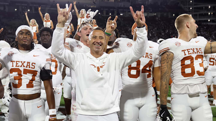 Texas Longhorns head coach Steve Sarkisian reacts after beating the Mississippi State Bulldogs in overtime at Davis Wade Stadium at Scott Field. 