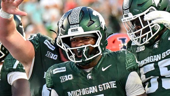 Michigan State’s Jaziun Patterson celebrates his touchdown against Illinois during the fourth quarter on Saturday, Oct. 10, 2026, at Spartan Stadium in East Lansing. Michigan State’s Jaziun Patterson celebrates his touchdown against Illinois during the fourth quarter on Saturday, Oct. 10, 2026, at Spartan Stadium in East Lansing.