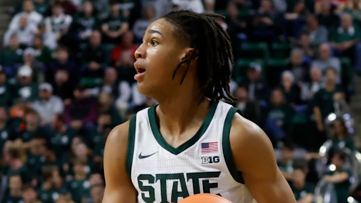 Michigan State Spartans forward Jordan Scott looks to pass during a game against the Detroit Mercy Titans at the Breslin Center on Friday, Nov. 21, 2025. Michigan State Spartans forward Jordan Scott looks to pass during a game against the Detroit Mercy Titans at the Breslin Center on Friday, Nov. 21, 2025.