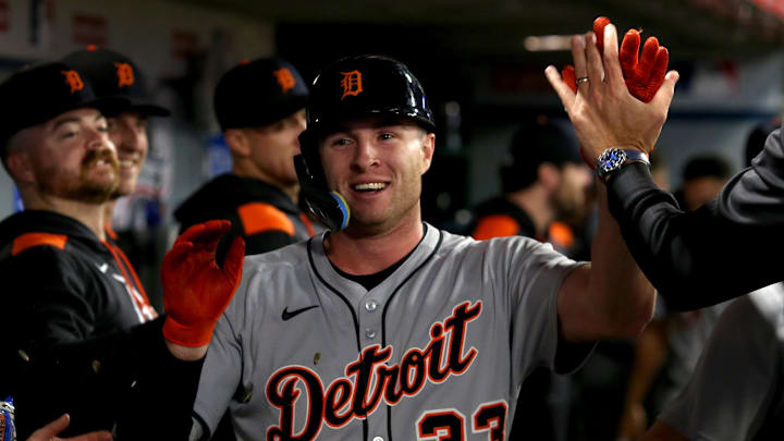 May 2, 2025; Anaheim, California, USA; Detroit Tigers second baseman Colt Keith (33) celebrates with teammates after hitting a home run during the ninth inning against the Los Angeles Angels at Angel Stadium. May 2, 2025; Anaheim, California, USA; Detroit Tigers second baseman Colt Keith (33) celebrates with teammates after hitting a home run during the ninth inning against the Los Angeles Angels at Angel Stadium.