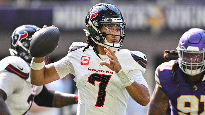 Sep 22, 2024; Minneapolis, Minnesota, USA; Houston Texans quarterback C.J. Stroud (7) in action against the Minnesota Vikings during the game at U.S. Bank Stadium. Mandatory Credit: Jeffrey Becker-Imagn Images Sep 22, 2024; Minneapolis, Minnesota, USA; Houston Texans quarterback C.J. Stroud (7) in action against the Minnesota Vikings during the game at U.S. Bank Stadium. Mandatory Credit: Jeffrey Becker-Imagn Images