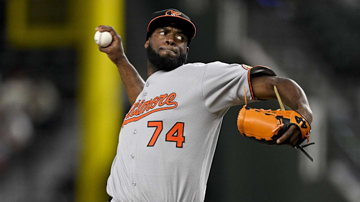 Jun 30, 2025; Arlington, Texas, USA; Baltimore Orioles relief pitcher Felix Bautista (74) pitches against the Texas Rangers during the ninth inning at Globe Life Field. 