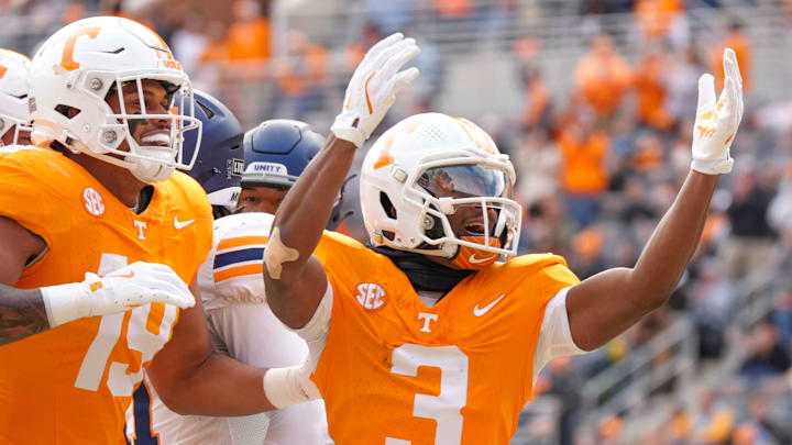 Tennessee wide receiver Squirrel White (3) celebrates with Tennessee tight end Holden Staes (19) after scoring a touchdown during a NCAA football game between Tennessee and UTEP in Neyland Stadium on Saturday, November 23, 2024. Tennessee wide receiver Squirrel White (3) celebrates with Tennessee tight end Holden Staes (19) after scoring a touchdown during a NCAA football game between Tennessee and UTEP in Neyland Stadium on Saturday, November 23, 2024.