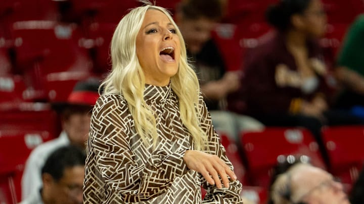 Arizona State Head Coach Molly Miller yells to her players during a game against the Eastern Washington Eagles at Desert Financial Arena in Tempe, on Nov. 8, 2025.
